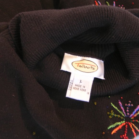 Talbots Black Cotton Turtleneck Fireworks or Stars Embroidered Design - Picture 2 of 4